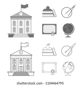 Books, an apple, a compass with a circle, a diploma with a seal, a globe. School set collection icons in outline,monochrome style vector symbol stock illustration web.
