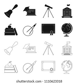 Books, an apple, a compass with a circle, a diploma with a seal, a globe. School set collection icons in black,outline style vector symbol stock illustration web.