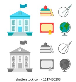 Books, an apple, a compass with a circle, a diploma with a seal, a globe. School set collection icons in cartoon,monochrome style vector symbol stock illustration web.