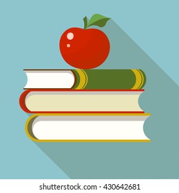 Books with apple flat style bright color. Back to school education - Vector