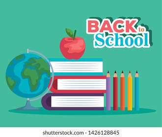 books with apple fruit and global map with pencils colors