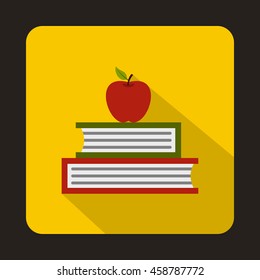 Books with apple icon in flat style on a yellow background