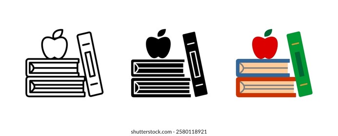 Bücher und Apfelsymbol. Studie Bildung Vektorgrafik. Schullernsymbol. Wissen und Lesen Piktogramm. Grafik der Studentenbibliothek. Gestaltung von Klassenzimmern. Konzept der Literaturklassen.
