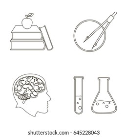 Books, an apple, a man s head with a brain, test tubes with a reagent, a compass with a circle. School set collection icons in outline style vector symbol stock illustration web.