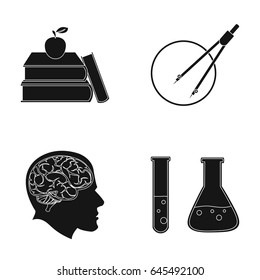 Books, an apple, a man s head with a brain, test tubes with a reagent, a compass with a circle. School set collection icons in black style vector symbol stock illustration web.