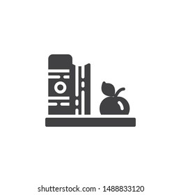Books and apple on a shelf vector icon. filled flat sign for mobile concept and web design. Book shelf and apple glyph icon. Knowledge symbol, logo illustration. Vector graphics