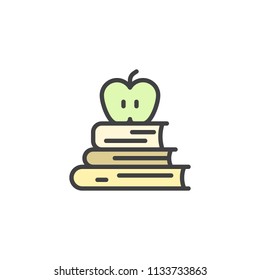 Books and apple on the top filled outline icon, line vector sign, linear colorful pictogram isolated on white. Knowledge symbol, logo illustration. Pixel perfect vector graphics