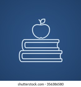 Books and apple on the top line icon for web, mobile and infographics. Vector light blue icon isolated on blue background.