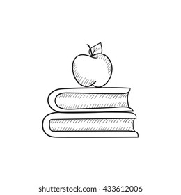 Books and apple on top vector sketch icon isolated on background. Hand drawn Books and apple on top icon. Books and apple on top sketch icon for infographic, website or app.