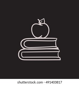 Libros y manzanas sobre el icono de boceto vectorial superior aislado en el fondo. Dibujar mano Libros y manzana en el icono superior. Libros y manzanas sobre el icono de boceto superior para infografía, sitio web o aplicación.