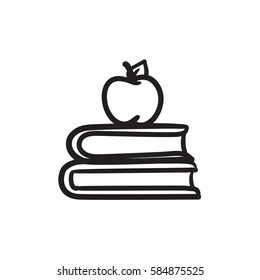Books and apple on top vector sketch icon isolated on background. Hand drawn Books and apple on top icon. Books and apple on top sketch icon for infographic, website or app.