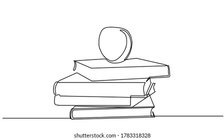 books and an apple One line drawing of pile of books. Stack of book on desk. Tidy books lined up. Single hand drawn continuous contour art, vector illustration. Back to school.