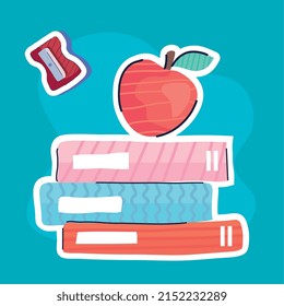 books and apple with sharpener