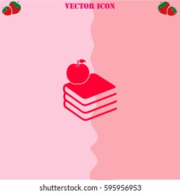 Books with apple vector  icon. Strawberry Background.
