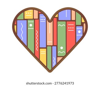 Books arranged in Heart shape. Spines of Literature in row in wooden Frame. Favorite novel Covers. Library of Textbooks in love. Reading fiction. Bright colors. Isolated. Flat vector illustration