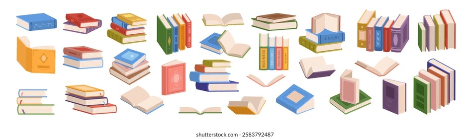 Books. Art and educational literature recent vector books collection in flat style