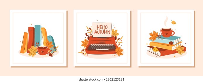 Books with autumn bright leaves. Set of layout design for bookshop, library, bookstore, festival or education. Vector illustration
