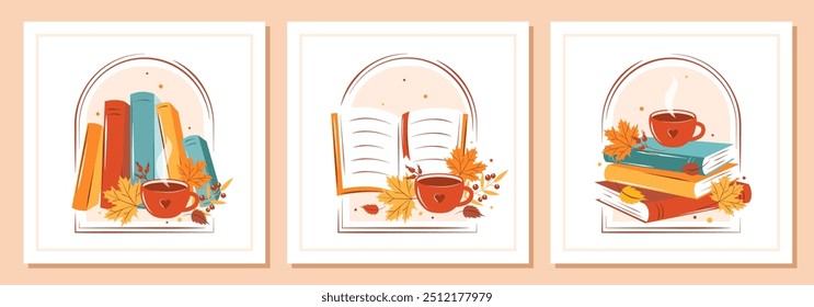 Books with autumn bright leaves. Set of layout design for bookshop, library, bookstore, festival or education. Vector illustration
