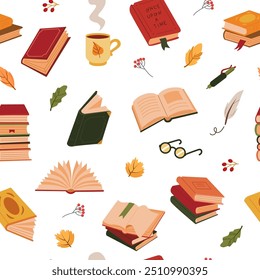 Books and autumn elements seamless pattern. Vector season illustration for book store, learning, library, reading club background. Printing on paper, fabric, packaging and other surfaces.