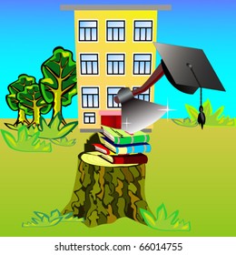 Books with axe and graduation cap are on stub near school