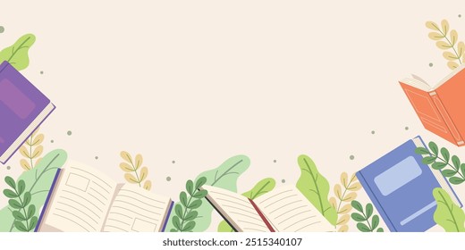 Books banner with flowers and leaves. Book day template. happy holiday hobby reader vector.