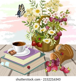 Books and a basket of flowers.Cup with coffee on a stack of books, flowers in a basket and berries on a wooden background in vector illustration.