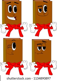 Books with big red tie. Cartoon book collection with happy faces. Expressions vector set.