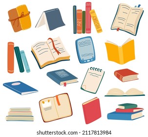 Books big set. Educational material, literature realistic drawing. Personal planners, notebooks. Blank textbooks, hardbacks with empty page book stacks, piles. Hand drawn vector illustrations