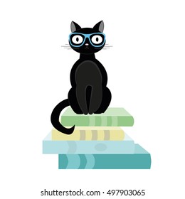 Books and black cat sitting on top. Vector illustration