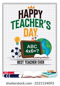 Books, blackboards, and education icons. Best teacher ever. Teacher's Day concept. Flat vector illustration.