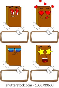 Books with blank paper on wood. Cartoon book collection with various faces. Expressions vector set.