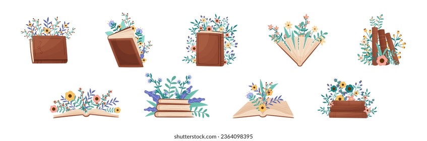 Libros con flores florecientes y conjunto de vectores de pelucas