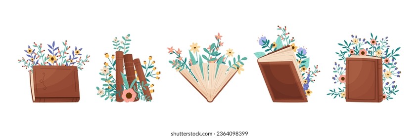 Books with Blooming Flowers and Twigs Vector Set