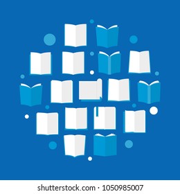 Books blue flat illustration. Vector circular sign made with book flat icons and circles