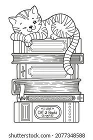 Books and book lover sleeping cat. Detailed coloring page for adults. World Book Day