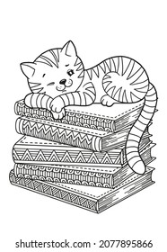 Books and book lover sleeping cat. Detailed coloring page for adults. World Book Day