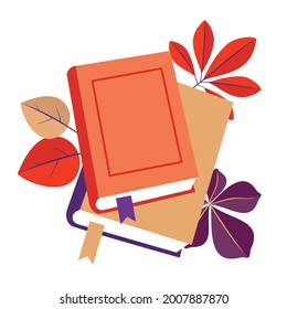 Books with bookmarks and autumn leaves. Vector, white background, clipart.