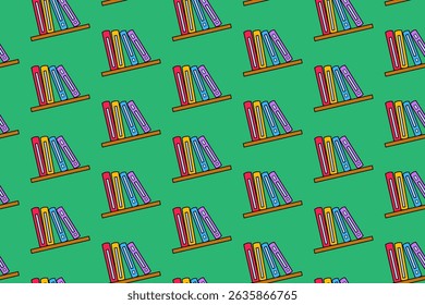 books with bookshelf school stationery colorful seamless pattern on green background. stack of books with rack doodle decoration pattern background kids, school, college, science