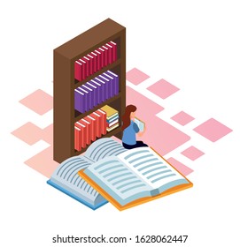 books, bookshelf and woman reading over white background, isometric and colorful design, vector illustration