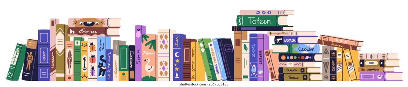 Books border, horizontal row of fiction and education literature. Bookshelf banner with novel, dictionary spines for reading, studying, knowledge. Flat vector illustration isolated on white background