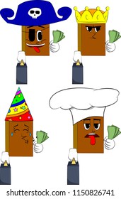 Books boss with suitcase or bag holding or showing money bills. Cartoon book collection with costume faces. Expressions vector set.