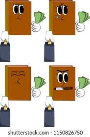 Books boss with suitcase or bag holding or showing money bills. Cartoon book collection with angry and sad faces. Expressions vector set.