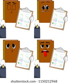 Books boss with suitcase or bag shows finance report. Cartoon book collection with sad faces. Expressions vector set.