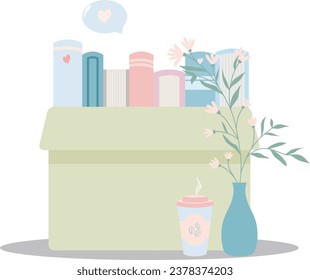 Books in box with coffee and flower. Book Lover Vector illustration. Bookworm Illustration.