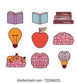 books brains lighbulb and apple silhouettes set in white background vector illustration