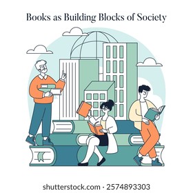 Books as Building Blocks of Society concept. Celebrating the impact of reading on community foundations and development. People engaging with literature, emphasizing knowledge and learning. Vector