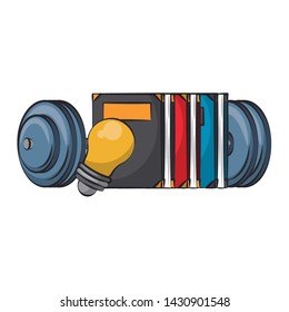 Books and bulb light idea with weights cartoons vector illustration graphic design