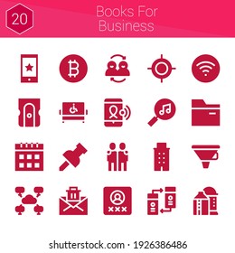books for business icon set. 20 filled icons on theme books for business. collection of Building, Funnel, User, Friends, Calendar, Bitcoin, Sharpener, Folder, Target, Mail