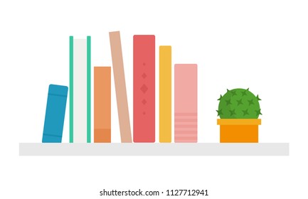 Books and cactus in a pot standing on a shelf vector flat material design isolated on white