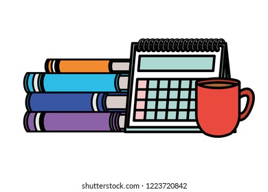 books with calendar and coffee cup isolated icon